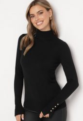 Czarny Klasyczny Golf z Wiskozą Ozdobiony Guzikami Avanessa. Czarne golfy damskie Born2be, s, z aplikacjami, z jeansu, bez ramiączek. Za 44.99 zł.