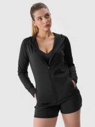 4F Bluza treningowa szybkoschnąca rozpinana z kapturem damska - czarna S. Czarne bluzy damskie 4F, s, bez wzorów, z dzianiny, z kapturem. W wyprzedaży za 99.99 zł.