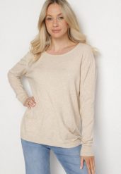 Beżowy Sweter z Kaszmirem i Ozdobnymi Kieszeniami Sanarea. Brązowe swetry klasyczne damskie Born2be, z jeansu, bez kołnierzyka. Za 84.99 zł.