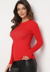 Czerwony Sweter Prążkowany z Cyrkoniami Romivra. Czerwone swetry klasyczne damskie Born2be, uniwersalny, z jeansu, bez kołnierzyka. Za 44.99 zł.