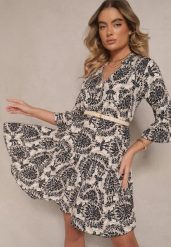 Beżowo-Czarna Bawełniana Sukienka o Rozkloszowanym Kroju w Ornamentalny Print Laniwea. Czarne sukienki damskie Renee, bez wzorów, z bawełny, bez ramiączek. W wyprzedaży za 43.99 zł.