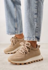 Ciemnobeżowe Sneakersy na Grubej Tłoczonej Podeszwie Zerda. Brązowe obuwie sportowe damskie Born2be, z jeansu, bez zapięcia. Za 119.99 zł.