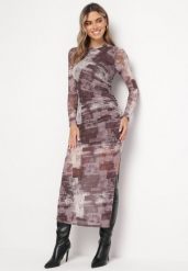 Brązowa Dopasowana Sukienka Maxi w Fantazyjny Print Sartine. Brązowe sukienki damskie Born2be, z aplikacjami, bez ramiączek. W wyprzedaży za 135.99 zł.
