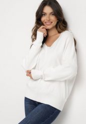 Biały Sweter z Dekoltem w V z Domieszką Kaszmiru Mariara. Białe swetry klasyczne damskie Born2be, uniwersalny, z jeansu, bez kołnierzyka. Za 109.99 zł.