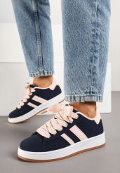 Granatowo-Różowe Sneakersy z Ozdobnymi Naszywkami z Boku Galdexis. Niebieskie obuwie sportowe damskie Born2be, bez zapięcia, trekkingowe. Za 79.99 zł.