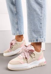 Beżowo-Różowe Sneakersy na Niskiej Platformie z Szerokimi Sznurówkami Gritte. Brązowe obuwie sportowe damskie Born2be, bez zapięcia. Za 99.99 zł.