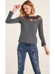 Heine Koszulka w kolorze antracytowym rozmiar: 40. Czarne bluzki damskie Heine, bez wzorów, z koronki, bez kołnierzyka, bez ramiączek. Za 65.38 zł.