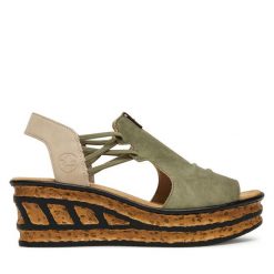 Sandały Rieker. Zielone sandały damskie Rieker, bez wzorów, bez obcasa, na koturnie, bez zapięcia. Za 319.99 zł.