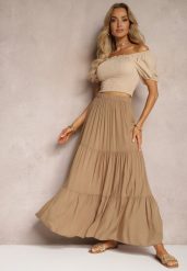 Ciemnobeżowa Wiskozowa Spódnica High Waist z Gumką w Talii i Falbanką Christiara. Brązowe spódnice damskie Renee, na lato, bez wzorów, z materiału, maxi. Za 39.99 zł.