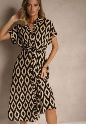 Czarna Koszulowa Sukienka z Wiskozy Ozdobiona Geometrycznym Motywem Ralomia. Czarne sukienki damskie Renee, bez wzorów, z wiskozy, eleganckie, bez ramiączek. W wyprzedaży za 63.99 zł.