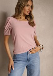 Różowy T-shirt z Prążkowanej Tkaniny z Zakładkami przy Rękawach Kolaniella. Czerwone t-shirty damskie Renee, l, bez wzorów, z jeansu, bez kołnierzyka. Za 34.99 zł.