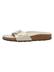 Birkenstock Klapki "Madrid" w kolorze złotym rozmiar: 40. Żółte klapki damskie Birkenstock, bez wzorów, ze skóry, z otwartym noskiem, bez obcasa, bez zapięcia. Za 222.41 zł.
