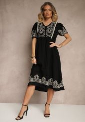 Czarna Rozkloszowana Sukienka z Bawełny w Stylu Boho z Haftowanymi Zdobieniami Lannilsa. Czarne sukienki damskie Renee, z aplikacjami, z bawełny, boho, bez ramiączek. W wyprzedaży za 119.99 zł.