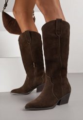 Brązowe Kozaki Typu Kowbojki na Stożku z Naturalnego Zamszu Adeora. Brązowe kozaki damskie Renee, z jeansu, bez obcasa, na obcasie, bez zapięcia. Za 259.99 zł.
