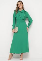 Zielona Rozkloszowana Sukienka Maxi Wiązana przy Dekolcie Ozdobiona Falbankami Nuteki. Zielone sukienki damskie Born2be, bez wzorów, eleganckie, bez ramiączek. W wyprzedaży za 101.99 zł.