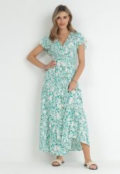 Jasnozielona Rozkloszowana Sukienka Maxi z Wiskozy z Gumkami w Pasie z Guzikami Deninie. Zielone sukienki damskie Born2be, bez wzorów, z tkaniny, bez ramiączek. Za 119.99 zł.
