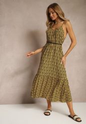 Żółta Sukienka z Bawełny Ozdobiona Geometrycznym Motywem Nilavionea. Żółte sukienki damskie Renee, z aplikacjami, z bawełny, eleganckie, bez ramiączek. W wyprzedaży za 32.99 zł.