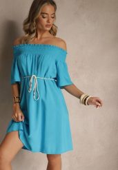 Niebieska Sukienka Hiszpanka z Bawełną i Wiskozą Ozdobiona Sznurkiem Lilarelle. Niebieskie sukienki damskie Renee, bez wzorów, z bawełny, eleganckie, bez ramiączek. W wyprzedaży za 51.99 zł.