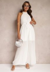 Biały Kombinezon z Dekoltem Typu Halter i Gumką w Talii Zolefia. Białe sukienki damskie Renee, bez wzorów, eleganckie, bez ramiączek. W wyprzedaży za 83.99 zł.