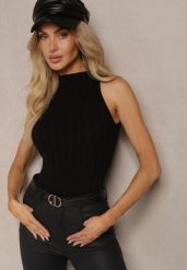 Czarny Top z Golfem i Wiskozą z Prążkowanego Materiału Lilithea. Czarne golfy damskie Renee, s, bez wzorów, z jeansu, bez ramiączek. Za 69.99 zł.