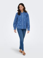 ONLY Bluzka dżinsowa w kolorze niebieskim rozmiar: XL. Niebieskie bluzki damskie Only, xl, bez wzorów, z bawełny, bez kołnierzyka, bez ramiączek. Za 126.75 zł.