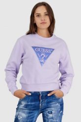 GUESS Fioletowa bluza damska z wyszywanym logo. Fioletowe bluzy damskie Guess, s, z aplikacjami, z bawełny, bez kaptura. W wyprzedaży za 179.99 zł.