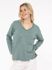 Zwillingsherz Sweter "Positive Mind" w kolorze zielonym rozmiar: L/XL. Zielone swetry klasyczne damskie Zwillingsherz, l, z bawełny, bez kołnierzyka. Za 126.99 zł.