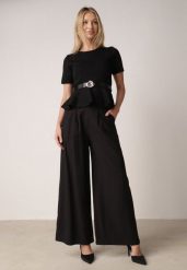 Czarne Szerokie Spodnie Wiskozowe w Garniturowym Stylu z Paskiem Qera. Czarne spodnie materiałowe damskie Born2be, bez wzorów, z jeansu. Za 129.99 zł.