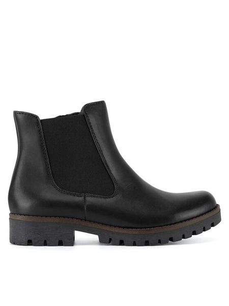 Rieker Botki 78570-00 Czarny. Czarne botki damskie Rieker, ze skóry, bez obcasa, na płaskiej podeszwie, bez zapięcia. Za 299.99 zł.