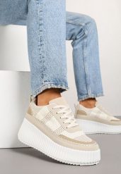 Beżowe Sneakersy na Tłoczonej Platformie z Ozdobnymi Przeszyciami Faloviela. Brązowe obuwie sportowe damskie Renee, z jeansu, bez zapięcia. Za 99.99 zł.