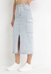 Jasnoniebieska Spódnica Midi Jeansowa z Szerokimi Kieszeniami Carlana. Niebieskie spódnice damskie Born2be, na co dzień, m, bez wzorów, z jeansu, eleganckie, midi. Za 139.99 zł.