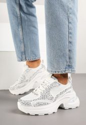 Białe Sneakersy na Grubej Podeszwie z Cyrkoniami Lenisse. Białe obuwie sportowe damskie Born2be, z jeansu, bez zapięcia. Za 119.99 zł.