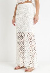 Biała Szydełkowa Spódnica Maxi z Gumką w Pasie Evansa. Białe spódnice damskie Born2be, m, bez wzorów, maxi. Za 129.99 zł.