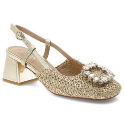 Czółenka damskie Alma En Pena, z zabudowanym przodem wykonane z plecionego materiału osadzone na stabilnym obcasie z regulowanym paskiem wokół kostki. Żółte czółenka damskie Alma En Pena, z aplikacjami, bez obcasa. Za 503.90 zł.