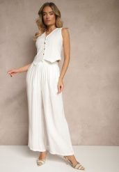 Białe Spodnie o Szerokim Kroju High Waist z Wiązaniem Fenalin. Białe spodnie materiałowe damskie Renee, bez wzorów, z jeansu. Za 44.99 zł.