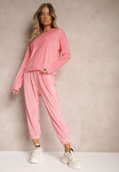 Jasnoróżowy Komplet Dresowy z Weluru Luźna Bluza z Dekoltem w V i Elastyczne Spodnie z Kieszeniami Esparkia. Czerwone bluzy damskie Renee, l, bez wzorów, z dresówki, bez kaptura. Za 89.99 zł.