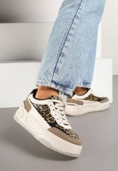 Beżowo-Brązowe Sneakersy na Grubej Platformie z Tłoczeniem Ozdobione Wzorem w Panterkę Deolithra. Brązowe obuwie sportowe damskie Born2be, na lato, z jeansu, bez zapięcia. Za 99.99 zł.