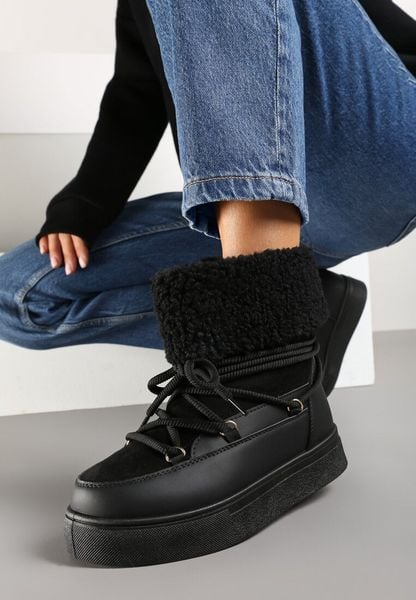 Czarne Śniegowce na Grubej Podeszwie ze Sznurowaniem i Futerkiem Izantea. Czarne śniegowce damskie Born2be, z futra. Za 94.99 zł.