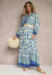 Niebiesko-Zielona Rozkloszowana Sukienka w Ornamentalny Wzór Zdobiona Wiązaniem z Frędzlami Ridira. Niebieskie sukienki damskie Renee, z aplikacjami, eleganckie, bez ramiączek. W wyprzedaży za 119.99 zł.