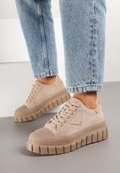 Ciemnobeżowe Sneakersy Vices na Platformie z Ozdobą i Napisem Leawen. Brązowe obuwie sportowe damskie Renee, z jeansu, bez zapięcia. Za 79.99 zł.