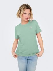 ONLY Koszulka w kolorze zielonym rozmiar: XS. Zielone bluzki damskie Only, xs, bez wzorów, z bawełny, bez kołnierzyka, bez ramiączek. Za 43.99 zł.