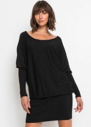 Sukienka dzianinowa z lejącej mieszanki wiskozy. Czarne sukienki damskie bonprix, bez wzorów, z dzianiny, eleganckie, bez ramiączek. Za 134.99 zł.