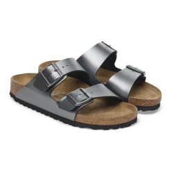 Klapki damskie BIRKENSTOCK ARIZONA BF. Szare klapki damskie Birkenstock, bez wzorów, z materiału, bez obcasa, bez zapięcia. Za 299.99 zł.
