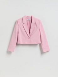 Krótka marynarka - pastelowy róż. Czerwone marynarki i żakiety damskie Reserved, l, bez wzorów, z lyocellu. Za 159.99 zł.