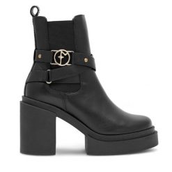 Botki Eva Minge. Czarne botki damskie Eva Minge, bez obcasa, na słupku, bez zapięcia. Za 399.99 zł.