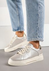 Złote Skórzane Sneakersy w Stylu Tenisówek Zdobione Perforacją Vivolla. Żółte obuwie sportowe damskie Born2be, bez zapięcia, tenisowe. Za 159.99 zł.