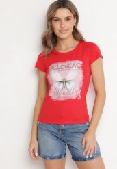 Czerwony Bawełniany T-shirt z Nadrukiem Motyla i Cyrkoniami Uliriela. Czerwone t-shirty damskie Born2be, s, bez wzorów, z bawełny, bez kołnierzyka. Za 34.99 zł.