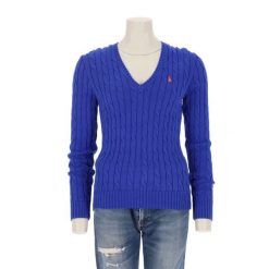 Second life - Damski sweter z dekoltem w serek i warkoczowym - Jak nowy. Niebieskie golfy damskie Ralph Lauren, bez kołnierzyka. Za 255.56 zł.