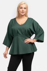 Bluzka odcinana pod biustem elegancka ala baskinka MADRYTA butelkowa zieleń. Zielone bluzki damskie KARKO, l, bez wzorów, z elastanu, eleganckie, bez kołnierzyka, plus size, bez ramiączek. Za 79.50 zł.