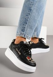 Czarne Sneakersy na Platformie z Metalicznymi Ozdobami Falonela. Czarne obuwie sportowe damskie Born2be, z jeansu, bez zapięcia. Za 99.99 zł.